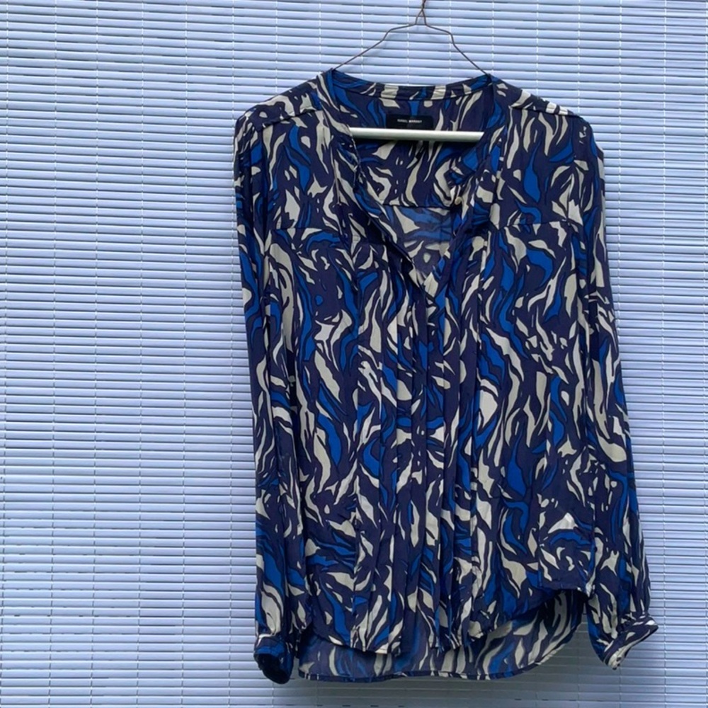 Isabel Marant Womens 42 US 10 Blue Black White Pintucked Silk Blouse
